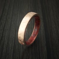 14K Rose Gold Band with Distressed Finish and Red Heart Wood Sleeve Custom Made