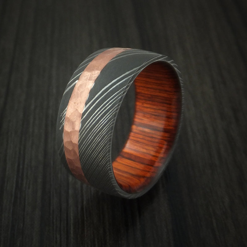 Damascus Steel and Hammered Copper Ring with Cocobolo Hardwood Sleeve Custom Made