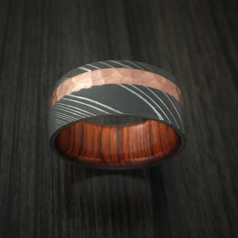 Damascus Steel and Hammered Copper Ring with Cocobolo Hardwood Sleeve Custom Made
