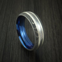 Damascus Steel Ring with Sterling Silver and Anodized Titanium Sleeve Custom Made Band