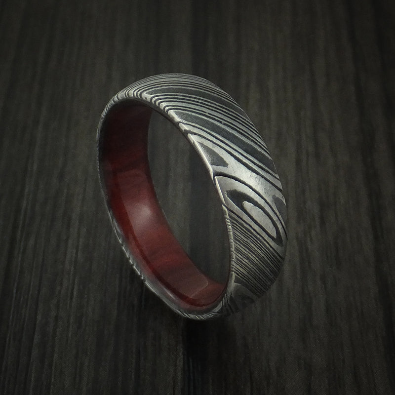 Kuro Damascus Steel Ring with Red Heart Wood Hardwood Sleeve Custom Made Wood Band