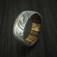 Kuro Damascus Steel Ring with 14K Rose Gold Inlay and Bocote Hardwood Sleeve Custom Made Wood Band