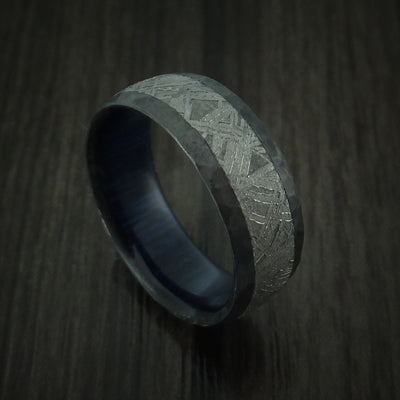 Black Zirconium Ring with Gibeon Meteorite Inlay and Interior Hardwood Sleeve Custom Made Band