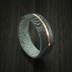 Damascus Steel Ring with 14K Rose Gold Inlay and Antler Sleeve Custom Made Wood Band