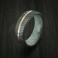 Damascus Steel Ring with 14K Rose Gold Inlay and Antler Sleeve Custom Made Wood Band