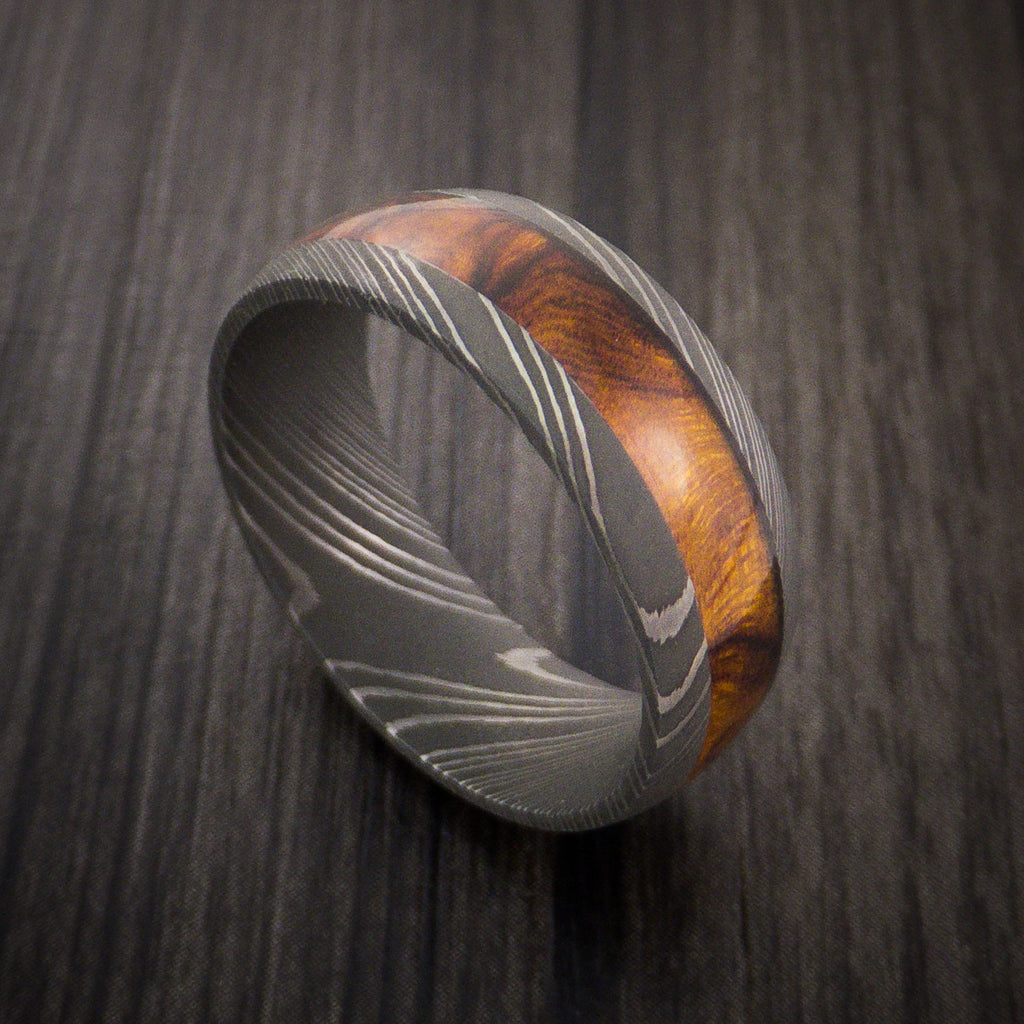 Wood Men's Ring and Damascus Men's Ring inlaid with Hardwood