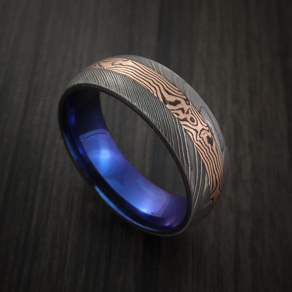 8mm Wide Damascus Steel Ring with Dual 14k Rose & Yellow Gold Off Center  Grooves and a 14k Solid Gold Sleeve