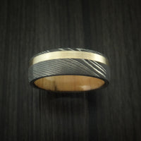 Damascus Steel Band with 14k Yellow Gold and Olive Wood Sleeve Custom Made