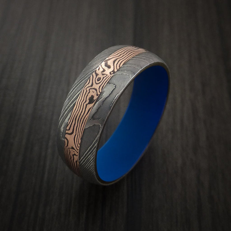 Damascus and 14K ROSE GOLD Mokume Gane Shakudo Ring with Cerakote Sleeve Custom Made