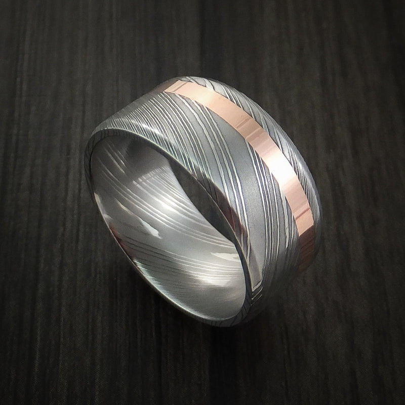 Damascus Steel Wide 14K Rose Gold Ring Wedding Band Custom Made
