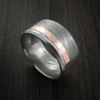 Damascus Steel Wide 14K Rose Gold Ring Wedding Band Custom Made