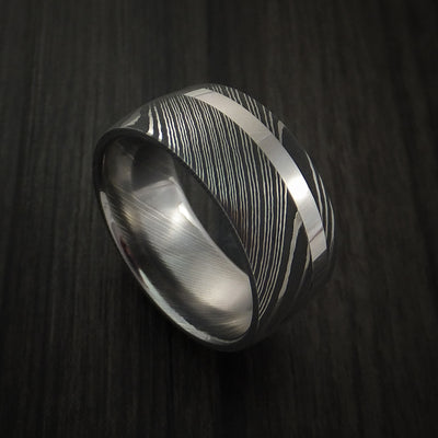 Damascus Steel 14K White Gold Wide Ring Wedding Band Custom Made Genuine Craftsmanship
