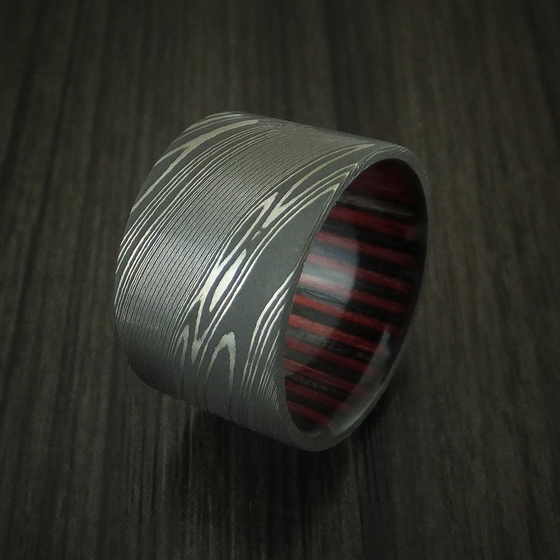Damascus Steel Ultra Wide Band Custom Made Ring with Applejack Wood Sleeve