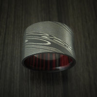 Damascus Steel Ultra Wide Band Custom Made Ring with Applejack Wood Sleeve