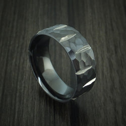 Black Zirconium Hammered Wedge Cut Wedding Band Ring Made to Any Sizing