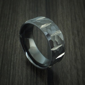 Black Zirconium Hammered Wedge Cut Wedding Band Men's Ring Made to Any ...