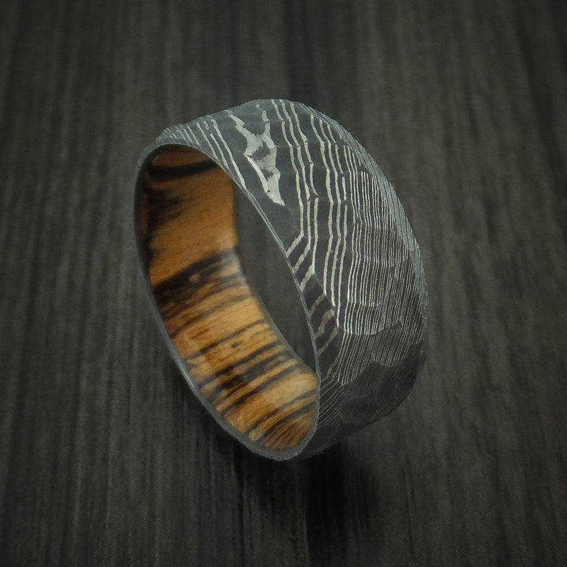 Damascus Steel Rock Hammer Ring with Bocote Wood Sleeve Custom Made