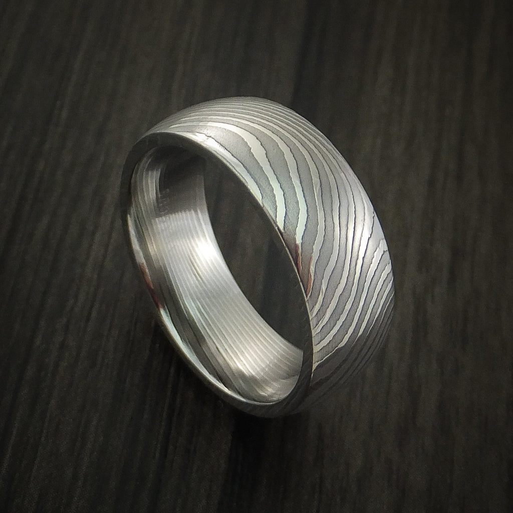 Flat Twist Damascus Steel Men's Ring Stripe Pattern Wedding Band