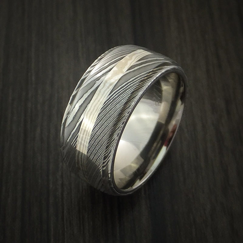 Wide Damascus Steel with Palladium and Silver Mokume Ring Custom Made