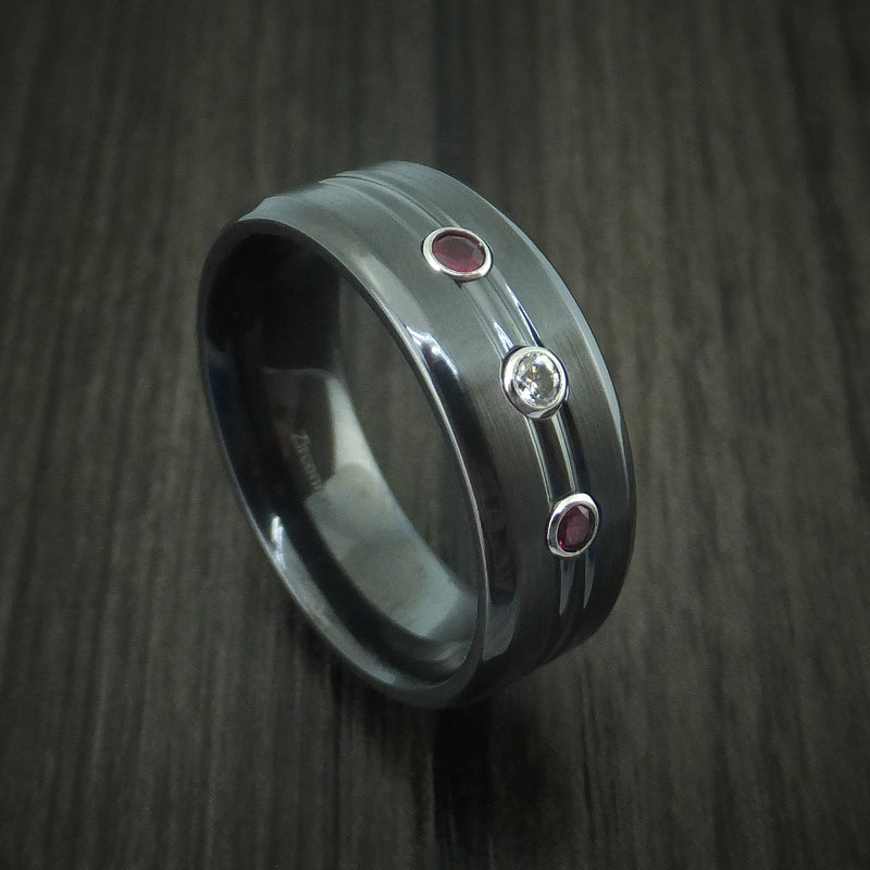 Black Titanium Ring with Diamond and Rubies Custom Made Band