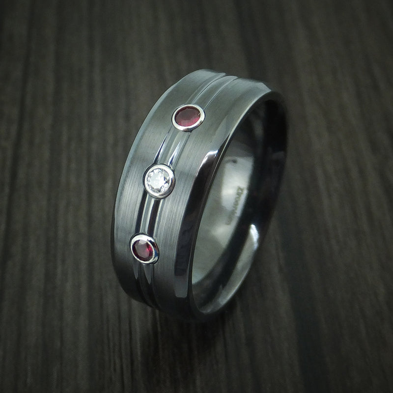Black Zirconium Ring with Diamond and Rubies Custom Made Band