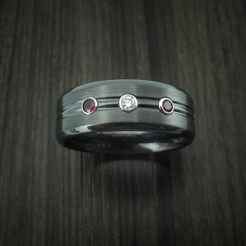 Black Zirconium Ring with Diamond and Rubies Custom Made Band