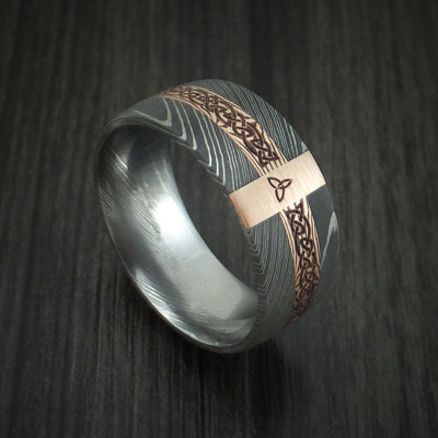 Damascus Steel Celtic Ring with 14K Rose Gold and Mokume Shakudo Custom Made