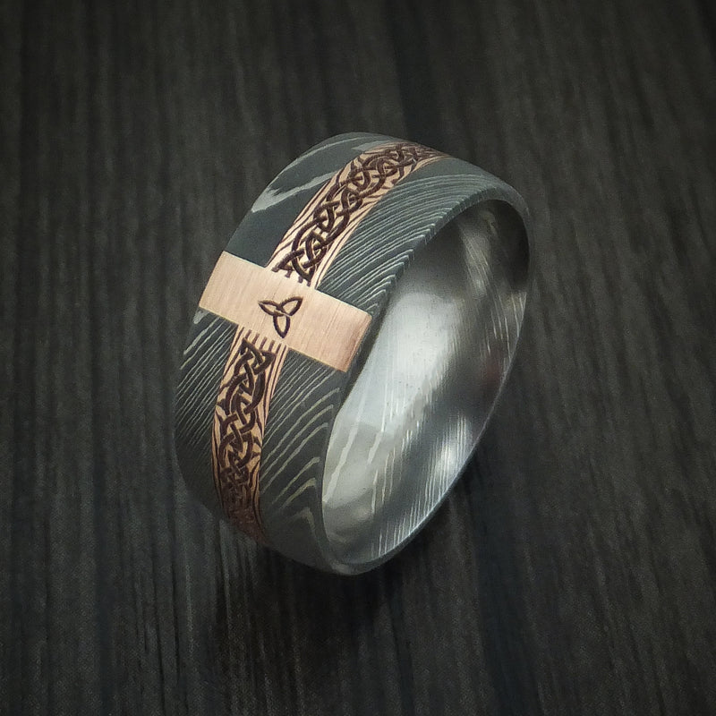 Damascus Steel Celtic Ring with 14K Rose Gold and Mokume Shakudo Custom Made