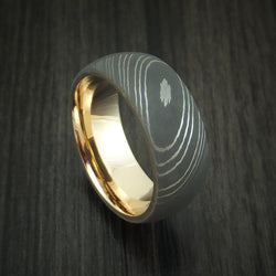 Damascus Steel Ring with 14k Yellow Gold Sleeve Custom Made Band