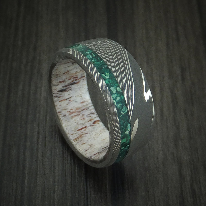 Damascus Steel Ring with Malachite and Antler Custom Made