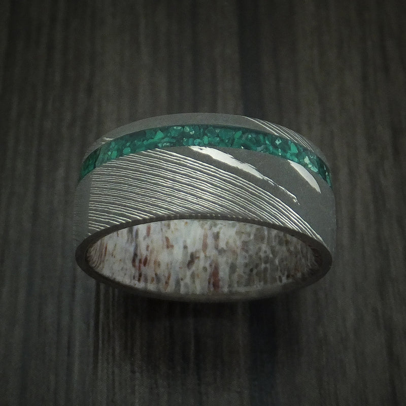 Damascus Steel Ring with Malachite and Antler Custom Made