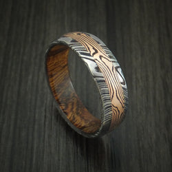 Kuro Damascus Steel Ring with 14K Rose Gold Mokume Shakudo Inlay and Desert Ironwood Burl Wood Sleeve Custom Made Band