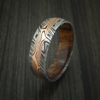 Kuro Damascus Steel Ring with 14K Rose Gold Mokume Shakudo Inlay and Desert Ironwood Burl Wood Sleeve Custom Made Band