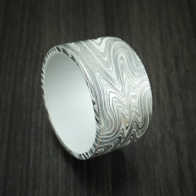 Marbled Kuro Damascus Steel and Snow White Cerakote Ring Custom Made Band