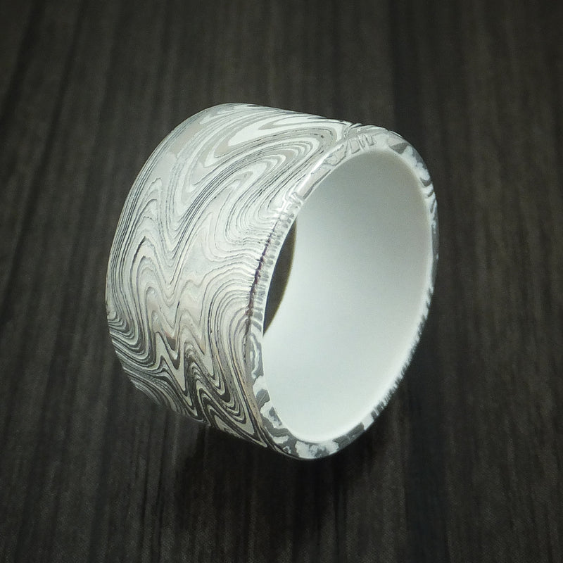 Marbled Kuro Damascus Steel and Snow White Cerakote Ring Custom Made Band