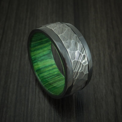 Black Zirconium and Hammered Damascus Steel Band with Hardwood Sleeve Custom Made Ring