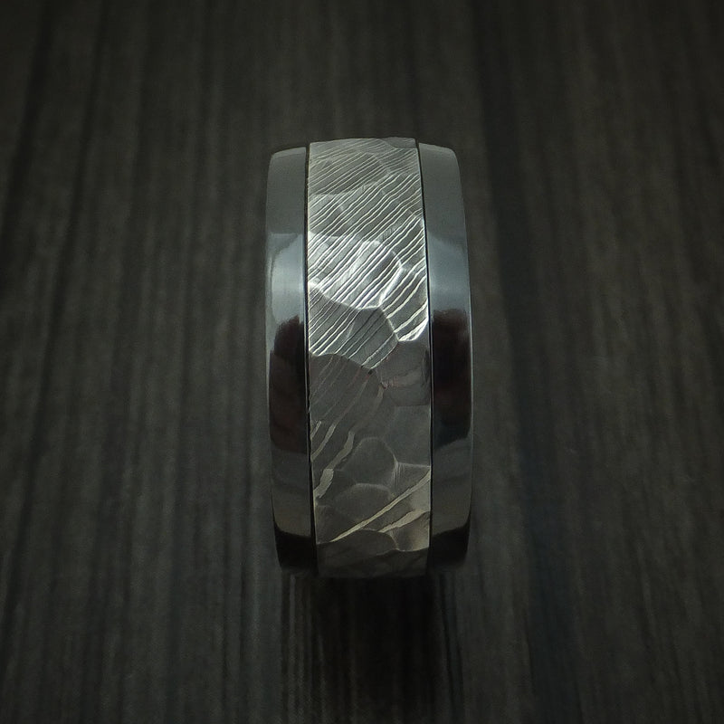 Black Zirconium and Hammered Damascus Steel Band with Hardwood Sleeve Custom Made Ring