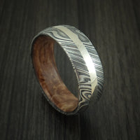 Kuro Damascus Steel Ring with 14K White Gold Inlay and Maple Burl Hardwood Sleeve Custom Made Band