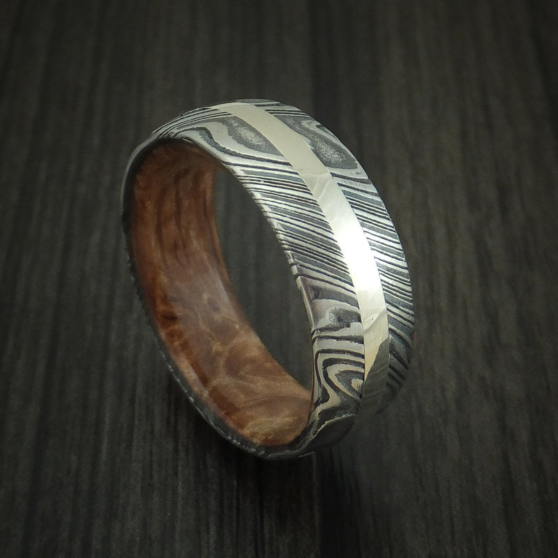 Kuro Damascus Steel Ring with 14K White Gold Inlay and Maple Burl Hardwood Sleeve Custom Made Band