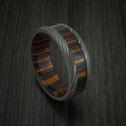 Damascus Steel Ring with Ember Wood Inlay and Sleeve Custom Made Thick Band