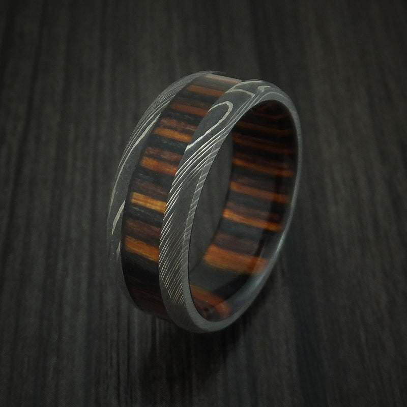 Damascus Steel Ring with Ember Wood Inlay and Sleeve Custom Made Thick Band