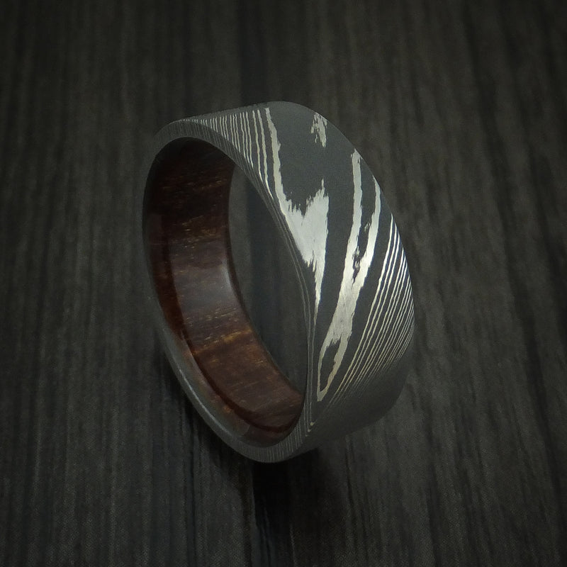 Damascus Steel Ring with Kauri Hardwood Interior Sleeve Custom Made