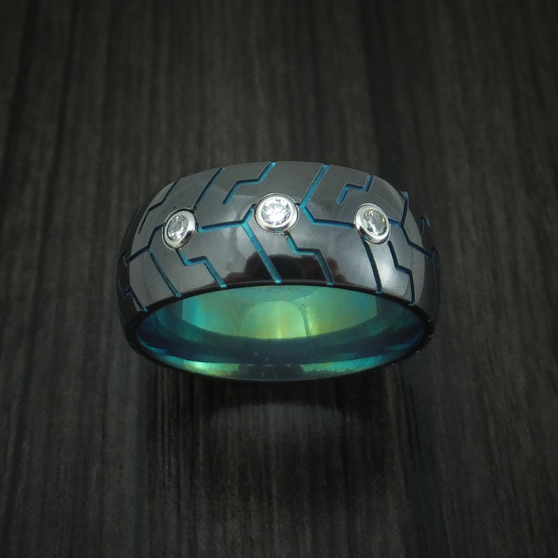 Black Titanium Anodized Tire Tread Ring with Diamonds Custom Made Band