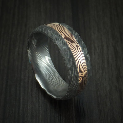 Damascus Steel and 14K Rose Gold Mokume Shakudo Rock Hammered Band Custom Made