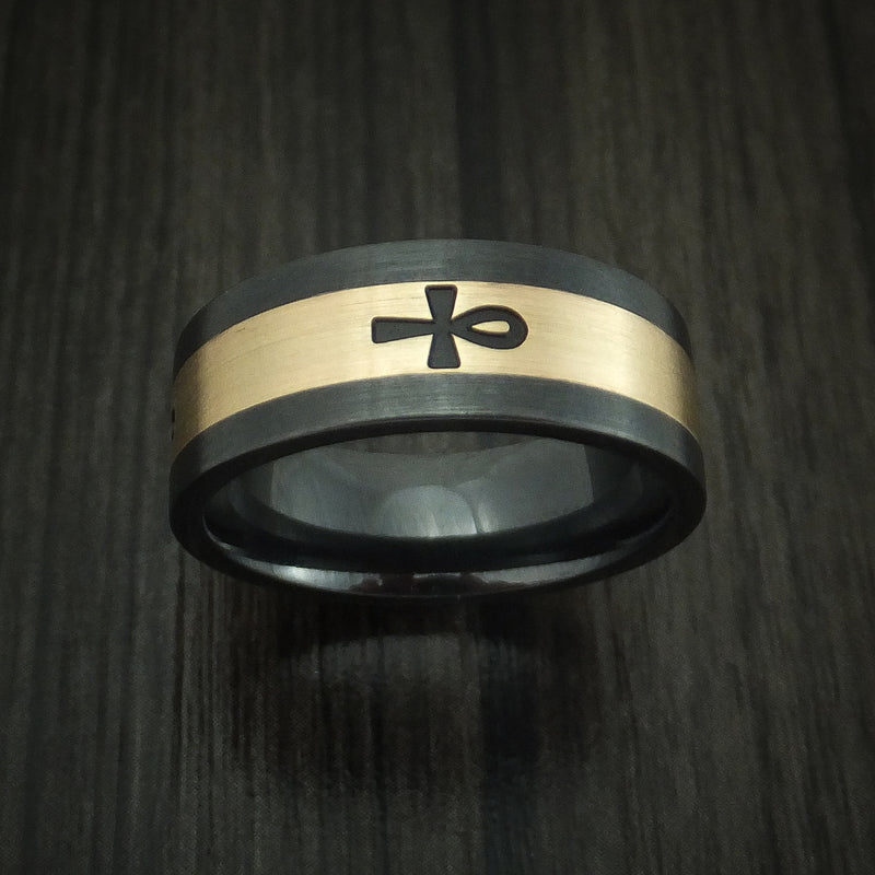 Black Zirconium and 14K Yellow Gold with Egyptian ANKH Custom Made Ring