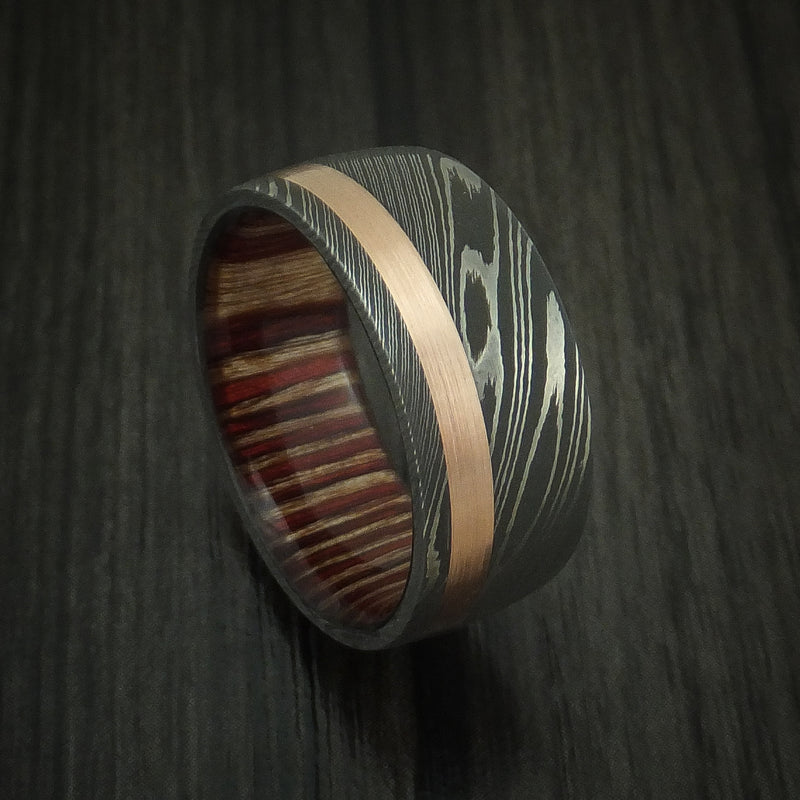 Damascus Steel Band with 14k Rose Gold and English Oak Wood Sleeve Custom Made