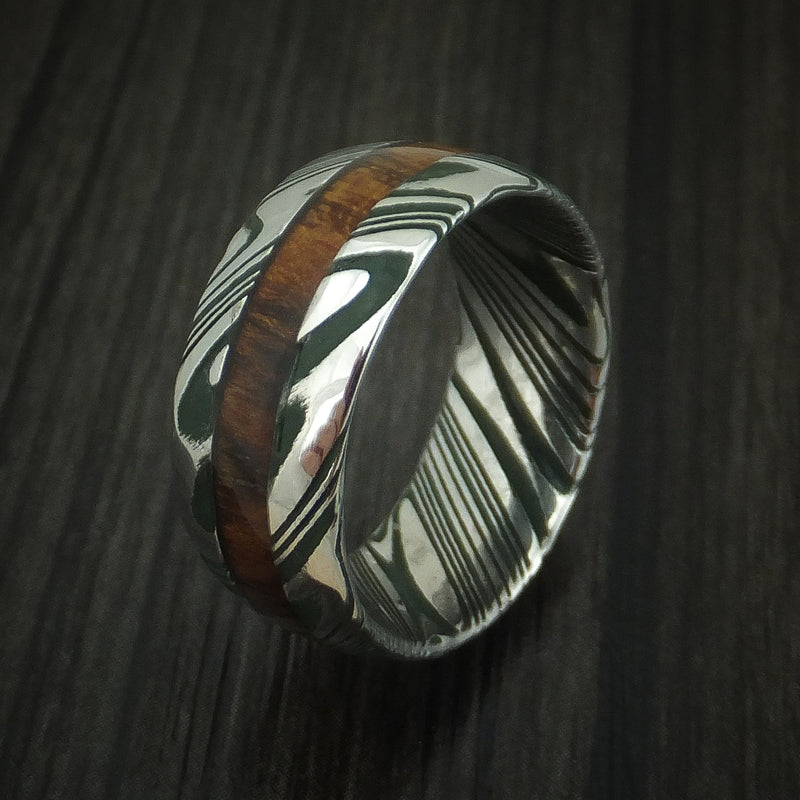 Kuro Damascus Steel and Highland Green Cerakote Band with Desert Ironwood Burl Inlay Custom Made Ring