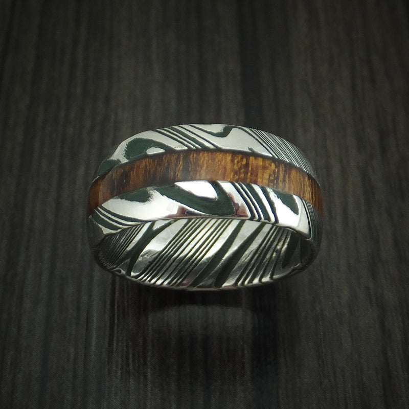Kuro Damascus Steel and Highland Green Cerakote Band with Desert Ironwood Burl Inlay Custom Made Ring