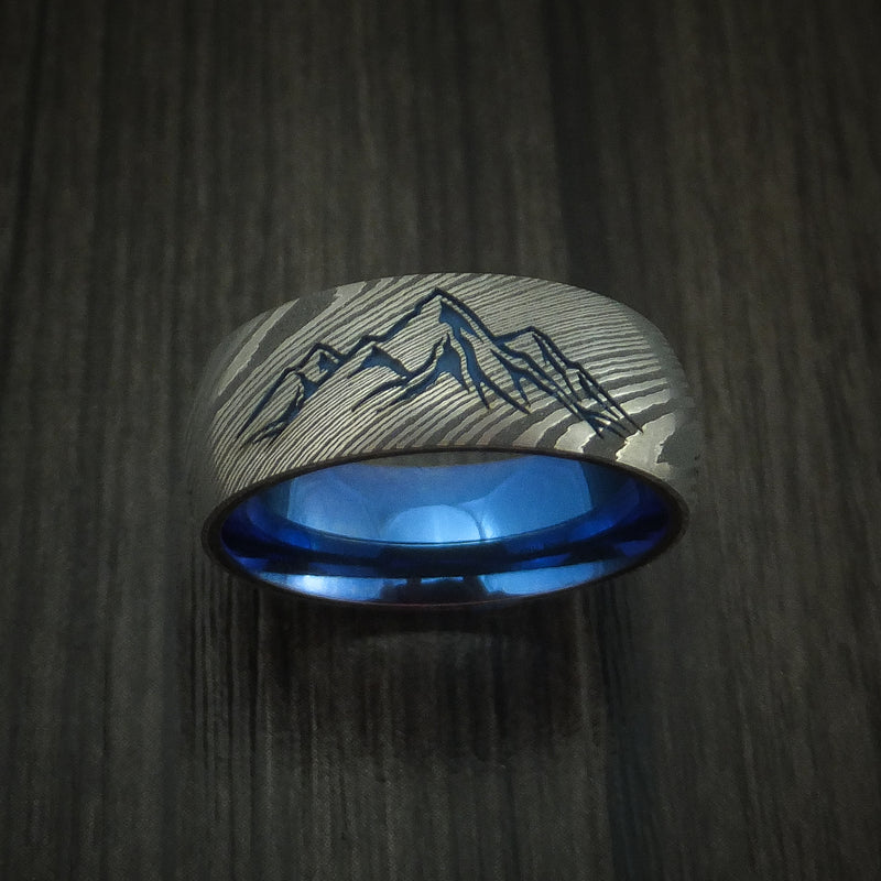 Damascus Steel Ring with Mountain Range and Anodized Titanium Interior Sleeve Custom Made