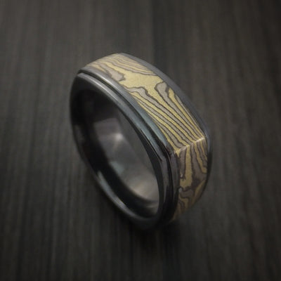 Black Zirconium Square Band with Yellow Gold and Silver Mokume Shakudo Custom Made